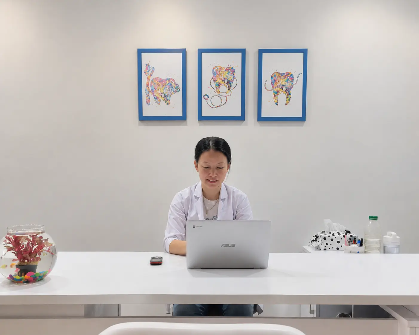 Dentist working at a desk beneath framed tooth artwork at Karima Dental Clinic